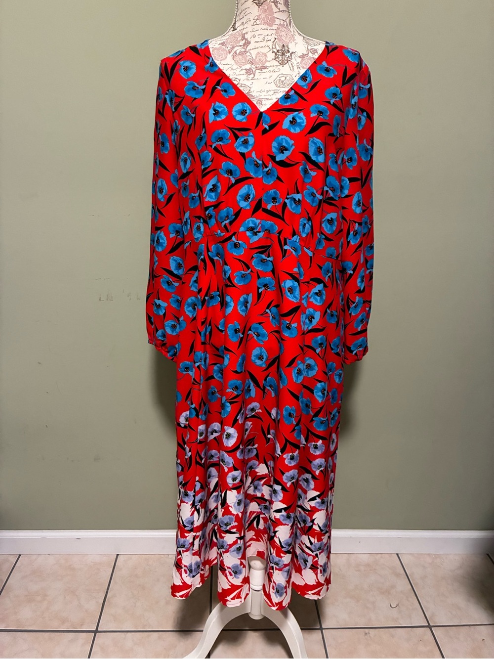 Ann Taylor Red Maxi Dress with Blue Floral Print